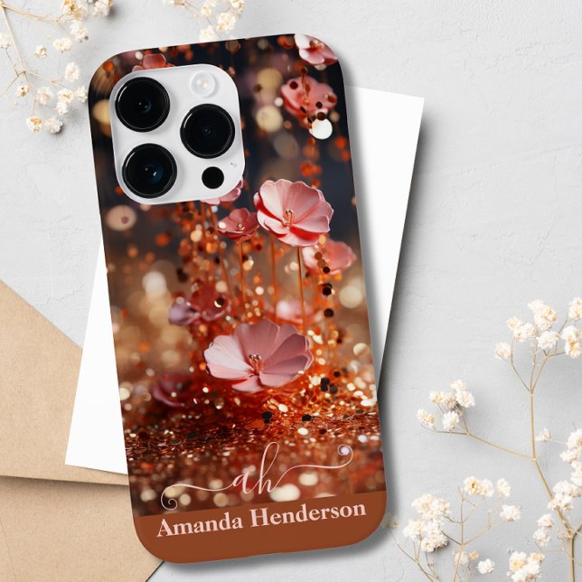 Blush Pink Rose Gold Floral Glitter Monogrammed  Case-Mate iPhone Case (Creator Uploaded)