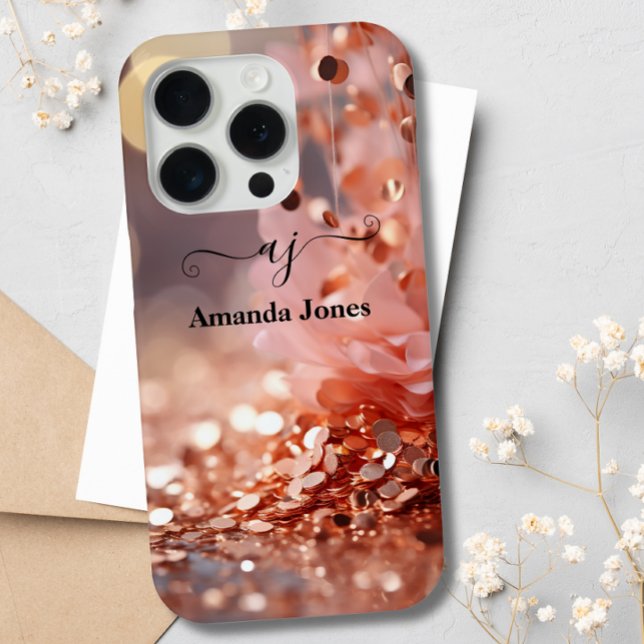 Blush Pink Rose Gold Floral Glitter Monogrammed  Case-Mate iPhone Case (Creator Uploaded)