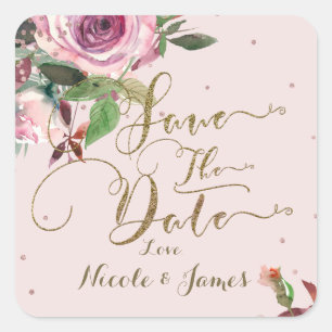 Blush Pink Rose Gold Floral Modern Save the Date Square Sticker