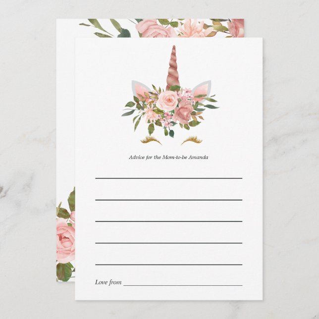 Blush Pink & Rose Gold Floral Unicorn Baby Shower Advice Card (Front/Back)