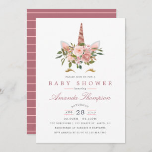 Blush Pink & Rose Gold Floral Unicorn Baby Shower Invitation