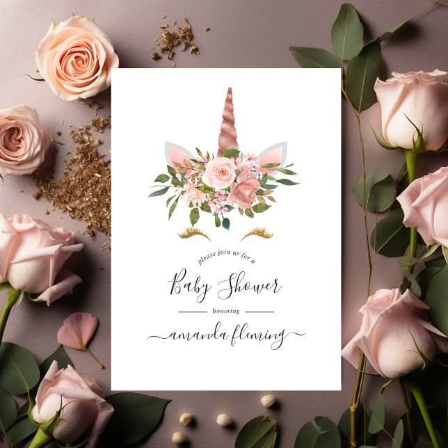 Blush Pink & Rose Gold Floral Unicorn Baby Shower  Invitation (Creator Uploaded)
