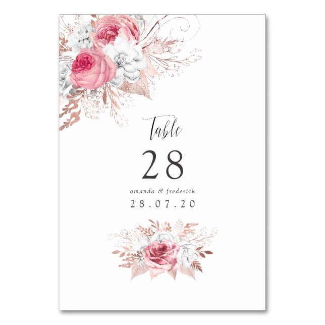 Blush Pink & Rose Gold Floral Wedding Table Number (Front)