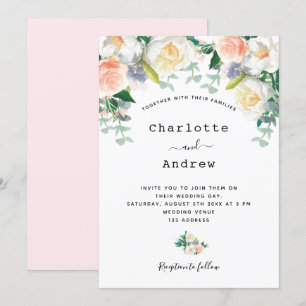 Blush pink rose gold florals eacalyptus wedding invitation