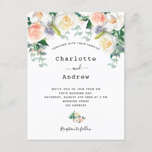 Blush pink rose gold florals eacalyptus wedding postcard