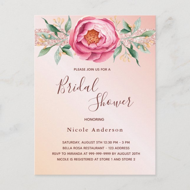 Blush pink rose gold florals glitter bridal shower postcard (Front)