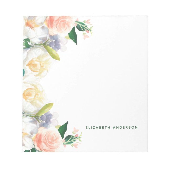 Blush pink rose gold florals name script notepad (Front)