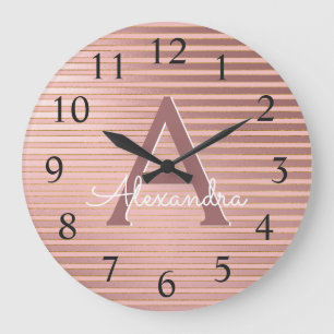 Blush Pink & Rose Gold Foil Stripe Monogram Name Large Clock