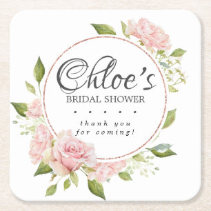 Blush Pink Rose Gold Frame Bridal Shower Square Paper Coaster