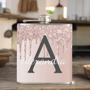 Blush Pink Rose Gold Glitter and Sparkle Monogram Hip Flask