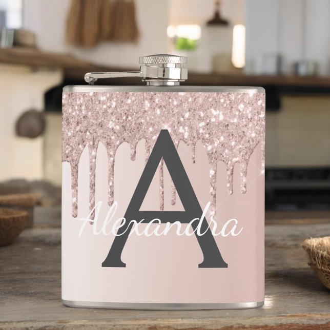 Blush Pink Rose Gold Glitter and Sparkle Monogram Hip Flask (Creator Uploaded)