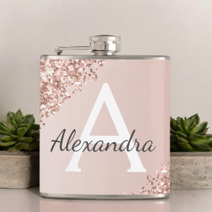 Blush Pink Rose Gold Glitter and Sparkle Monogram Hip Flask
