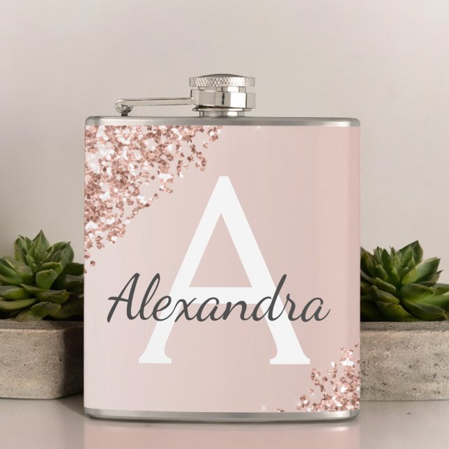 Blush Pink Rose Gold Glitter and Sparkle Monogram Hip Flask (Creator Uploaded)