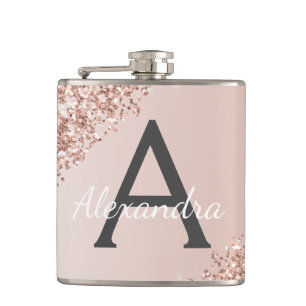 Blush Pink Rose Gold Glitter and Sparkle Monogram Hip Flask
