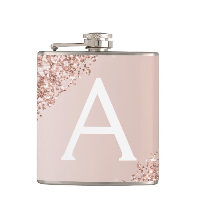 Blush Pink Rose Gold Glitter and Sparkle Monogram Hip Flask (Front)