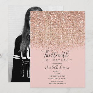 Blush Pink Rose Gold Glitter Birthday Party Photo Invitation