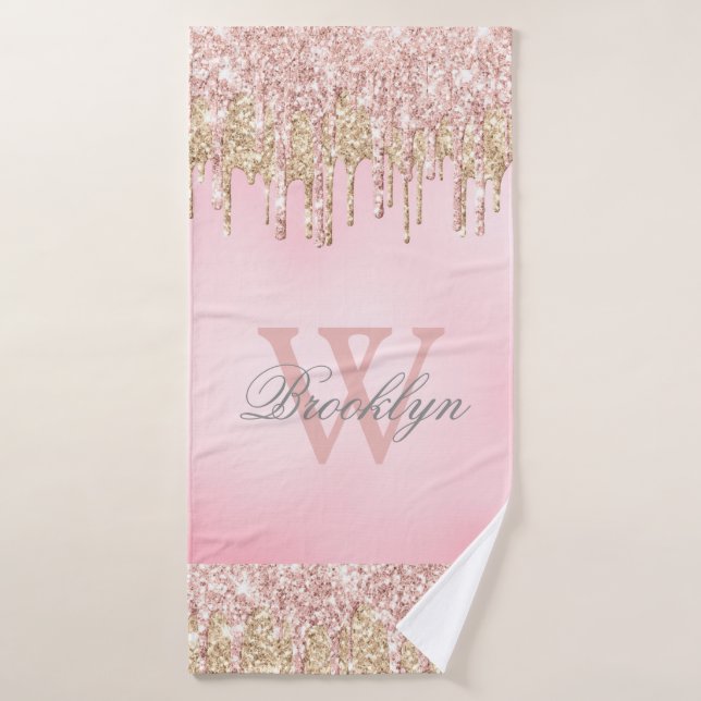Blush Pink Rose Gold Glitter Drips Monogrammed  Bath Towel (Bath Towel)
