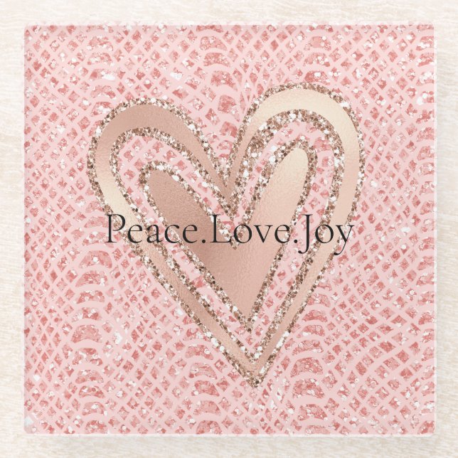 Blush Pink Rose Gold Glitter Heart Peace Love  Glass Coaster (Front)