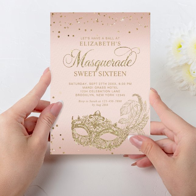 Blush Pink Rose Gold Glitter Masquerade Sweet 16 Invitation (Creator Uploaded)