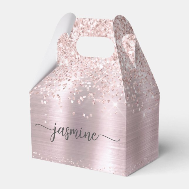 Blush Pink Rose Gold Glitter Metal Monogram Name  Favour Box (Front Side)
