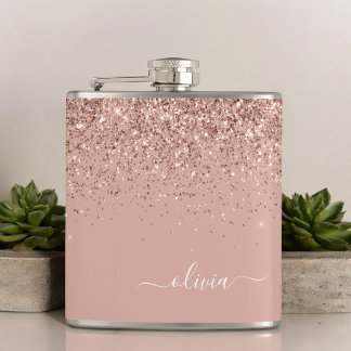 Blush Pink Rose Gold Glitter Monogram Name Hip Flask