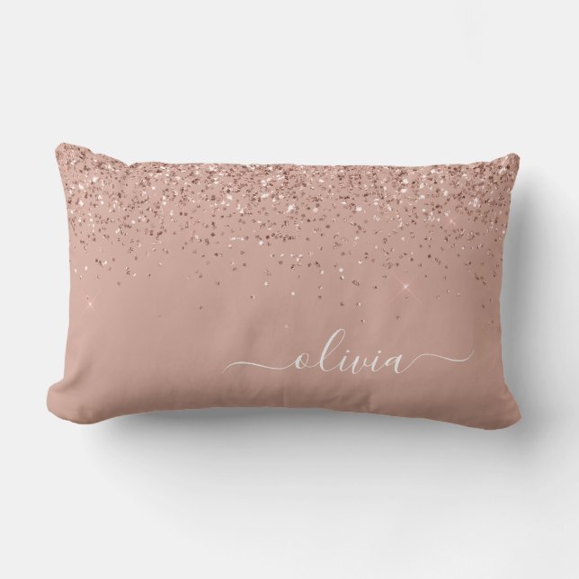 Blush Pink Rose Gold Glitter Monogram Name Lumbar Cushion (Front)