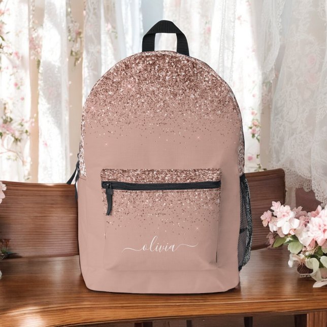 Blush Pink Rose Gold Glitter Monogram Name Printed Backpack (Creator Uploaded)