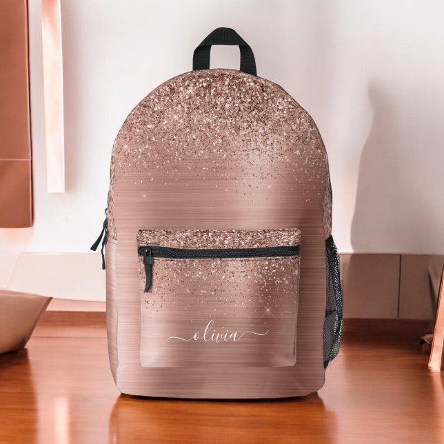 Blush Pink Rose Gold Glitter Monogram Name Printed Backpack (Creator Uploaded)