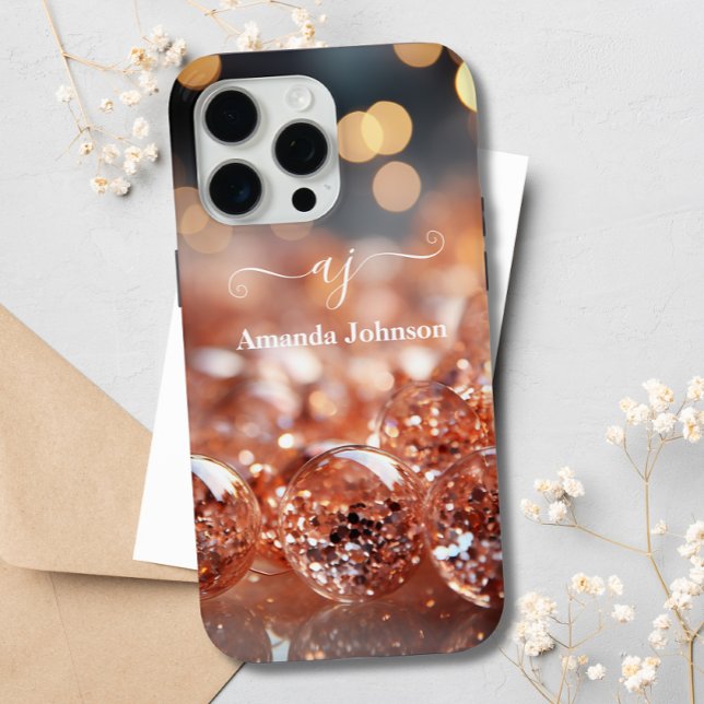 Blush Pink Rose Gold Glitter Monogrammed Gemstones Case-Mate iPhone Case (Creator Uploaded)
