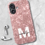 Blush Pink Rose Gold Glitter Name Monogram iPhone 16 Case<br><div class="desc">Personalised Rose Gold Blush Pink Faux Glitter Sparkle Initial Monogram Phone Case. Add a touch of elegance and glamour to your phone with this stylish personalised phone case. Featuring a soft blush pink faux glitter sparkle background, a crisp white initial letter, and a sleek black script name, this design brings...</div>