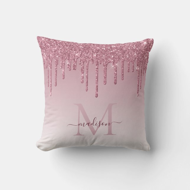 Blush Pink Rose Gold Glitter Ombre Monogram Script Cushion (Front)