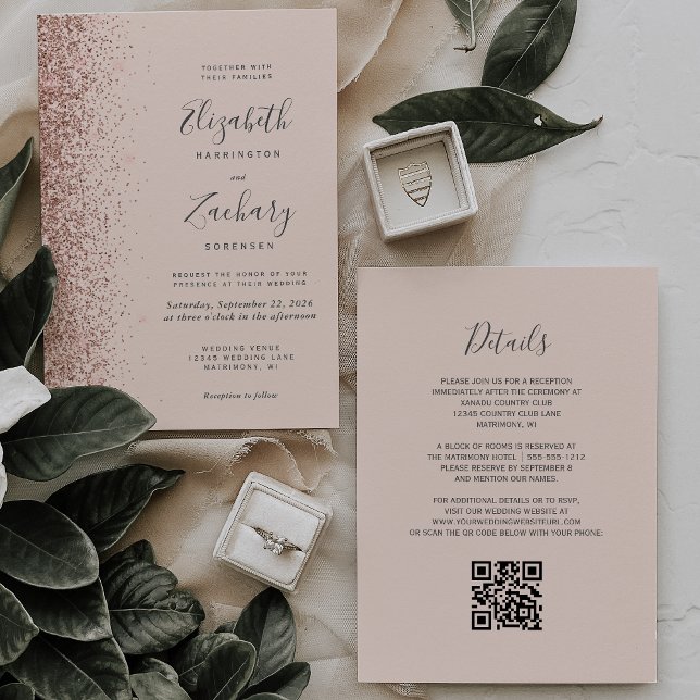 Blush Pink Rose Gold Glitter QR Code Wedding Invitation (Creator Uploaded)