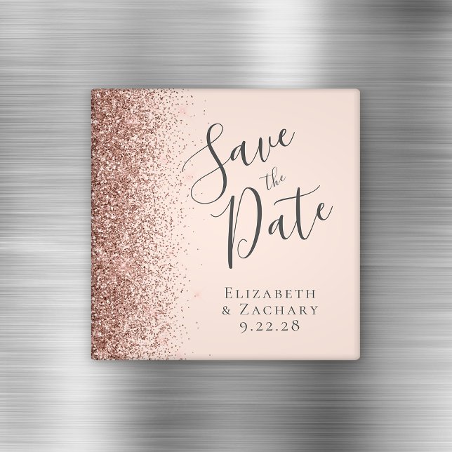 Blush Pink Rose Gold Glitter Script Save the Date Magnet (Creator Uploaded)