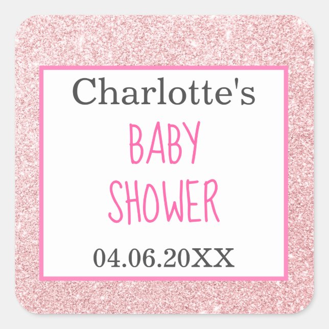 Blush Pink Rose Gold Glitter Sparkle Baby Shower Square Sticker (Front)