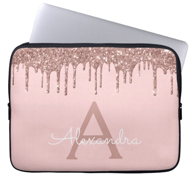 Blush Pink Rose Gold Glitter Sparkle Monogram Laptop Sleeve (Front)