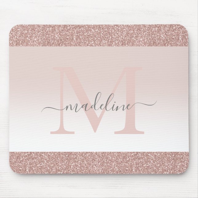 Blush Pink Rose Gold Glitter Sparkle Monogram Mouse Pad (Front)
