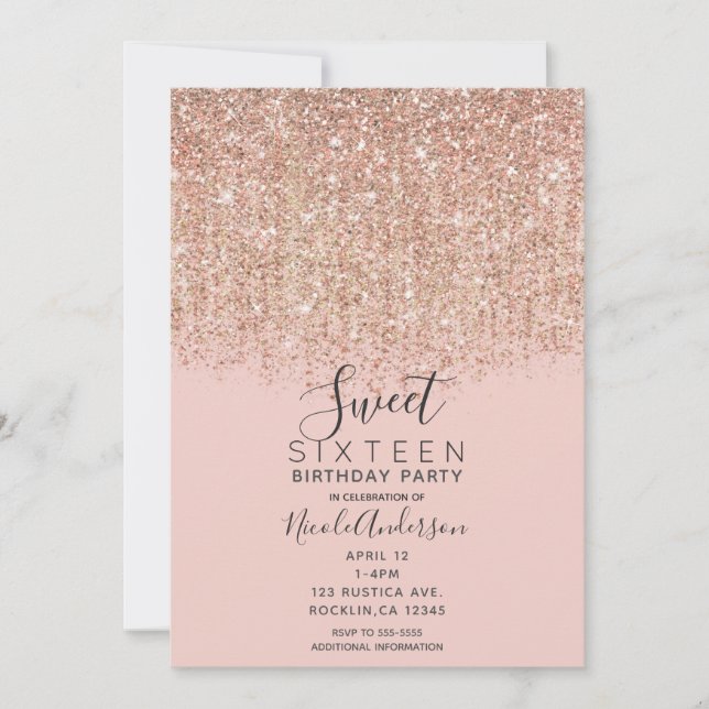 Blush Pink & Rose Gold Glitter Sweet 16 Party Invitation (Front)