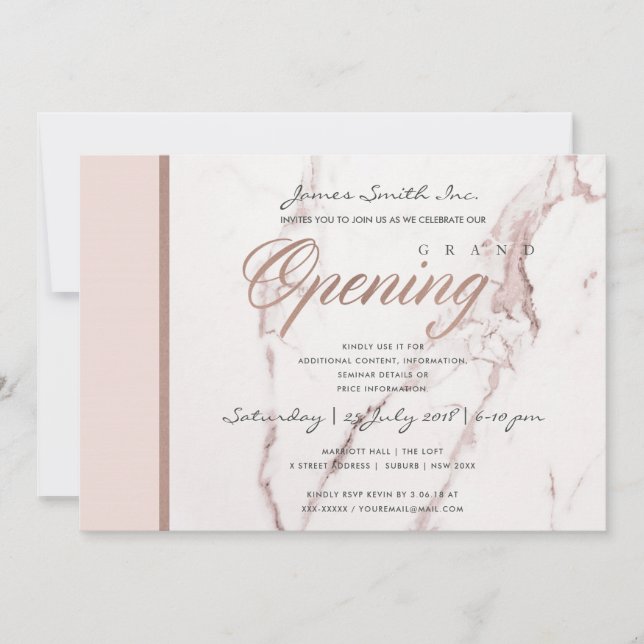 BLUSH PINK ROSE GOLD MARBLE TEXTURE GRAND OPENING INVITATION (Front)