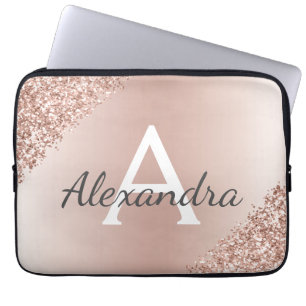 Blush Pink Rose Gold Metallic Glitter Monogram Laptop Sleeve