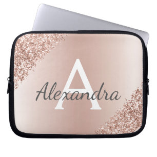 Blush Pink Rose Gold Metallic Glitter Monogram Laptop Sleeve