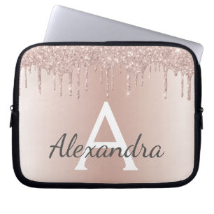 Blush Pink Rose Gold Metallic Glitter Monogram Laptop Sleeve