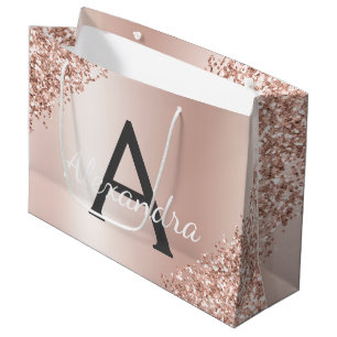 Blush Pink Rose Gold Metallic Glitter Monogrammed Large Gift Bag