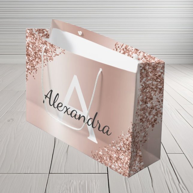 Blush Pink Rose Gold Metallic Glitter Monogrammed Large Gift Bag (Creator Uploaded)