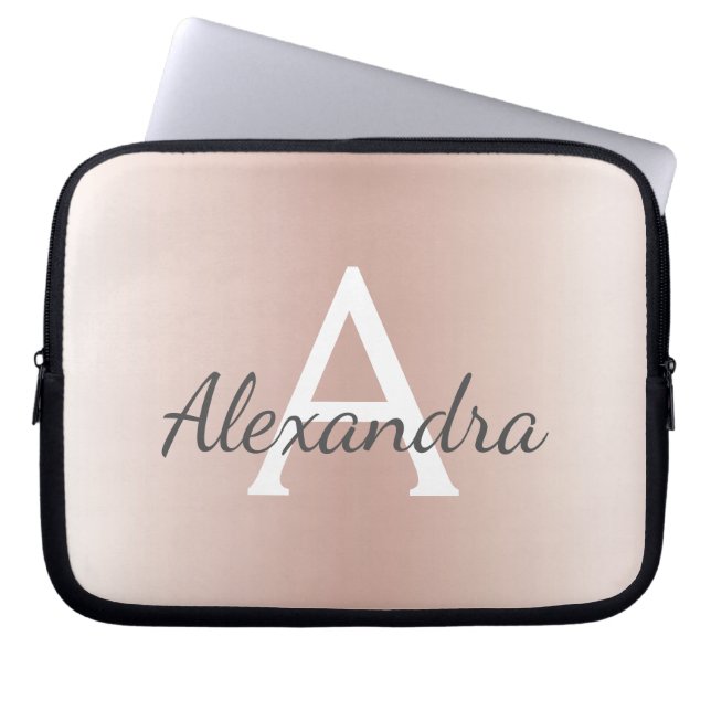 Blush Pink Rose Gold Metallic Ombre Monogram Laptop Sleeve (Front)