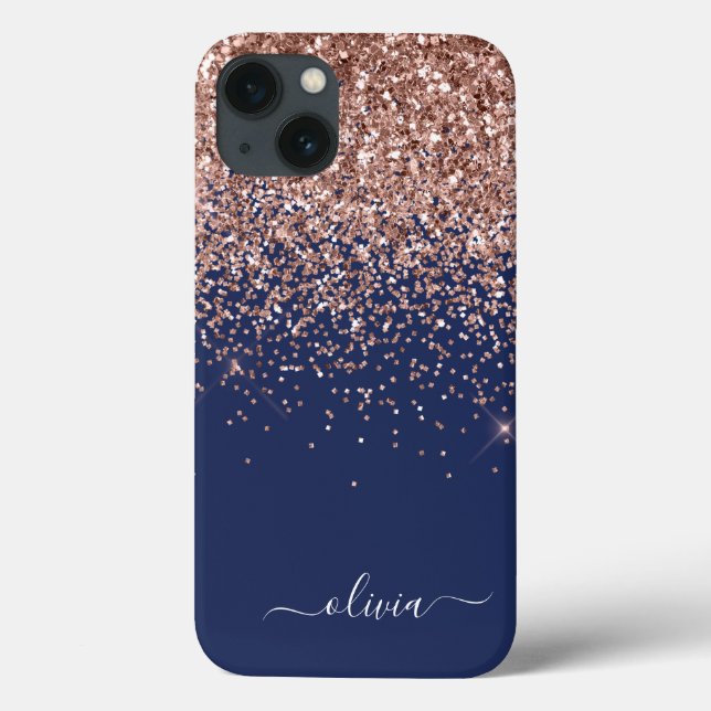 Blush Pink Rose Gold Navy Blue Glitter Monogram Ca Case-Mate iPhone Case (Back)