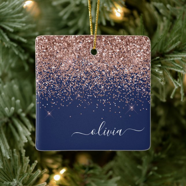 Blush Pink Rose Gold Navy Blue Glitter Monogram Ceramic Ornament (Tree)