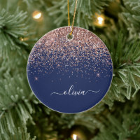 Blush Pink Rose Gold Navy Blue Glitter Monogram