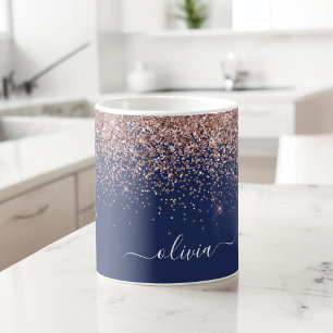 Blush Pink Rose Gold Navy Blue Glitter Monogram Coffee Mug