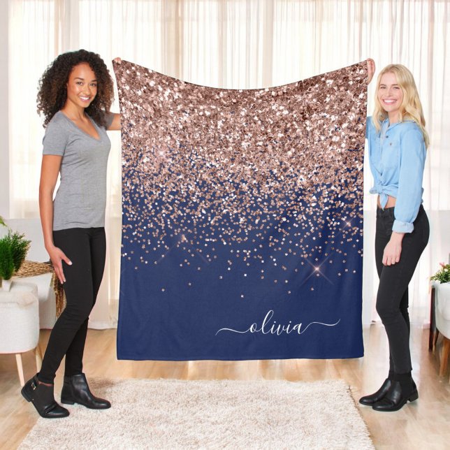 Blush Pink Rose Gold Navy Blue Glitter Monogram Fleece Blanket (Creator Uploaded)