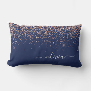 Blush Pink Rose Gold Navy Blue Glitter Monogram Lumbar Cushion